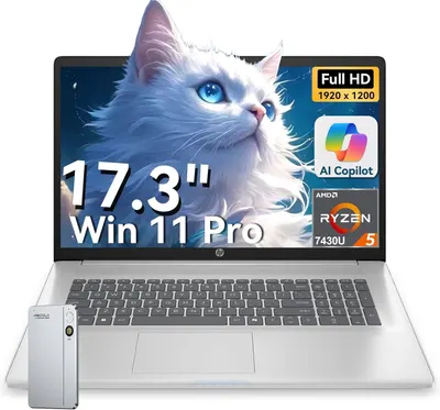 Displays the laptop as the core product with key technical specifications prominently shown on screen to communicate its size, operating system, processor power, display quality, and AI capabilities…