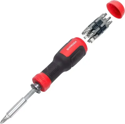 Shows the core product clearly on a white background, displaying the screwdriver handle with multiple interchangeable bits stored in the cap to communicate the versatility and convenience of the…