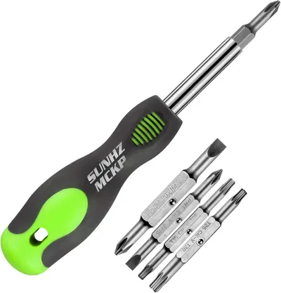 Shows the core product - a screwdriver with interchangeable bits - clearly displayed to help shoppers understand what they are purchasing. Demonstrates that multiple screwdriver bits are included…