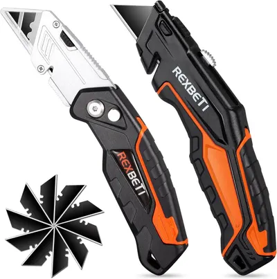 Displays the core product—a folding utility knife with ergonomic black and orange handles—showing both closed and open positions to communicate its design and functionality. Shows the additional…