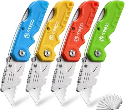 Shows the core product in four vibrant color options with a clean white background, allowing shoppers to see the folding knife design and available color choices clearly. Displays the selectable…