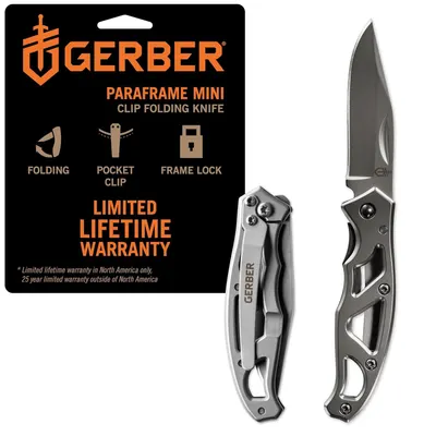 Displays the Gerber Paraframe Mini folding knife in both closed and open positions to show the core product and its compact folding functionality. Shows the retail packaging with brand identity and…