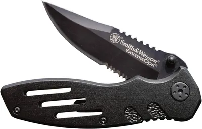 Displays the core product, a Smith & Wesson Extreme Ops folding knife, clearly showing its design, branding, and key features like the serrated blade and textured handle to help shoppers understand…