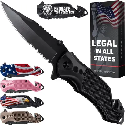 Displays the core product—a black folding tactical knife with serrated blade—clearly and prominently to show shoppers exactly what they are purchasing. Shows multiple selectable design variants…