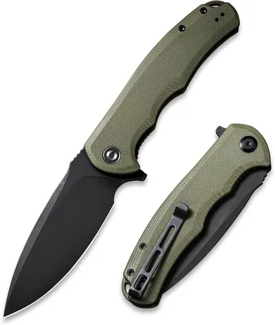 Displays the core product clearly from multiple angles to show the knife's design, textured olive-green handle, black blade, and pocket clip functionality. Demonstrates the knife in both open and…