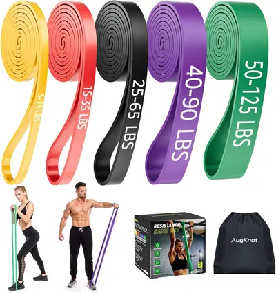 Shows the five different resistance band options available for selection, each color-coded with weight specifications to help shoppers choose the appropriate strength level for their fitness needs.…