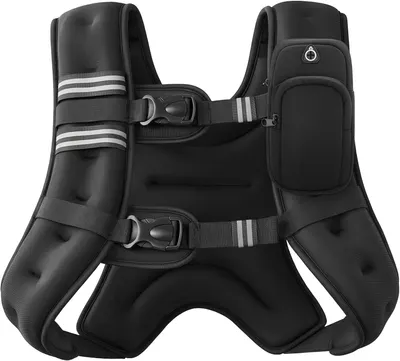 Displays the core product clearly on a white background to show the weighted vest design, adjustable straps with reflective details, and integrated storage pocket for carrying essentials during…