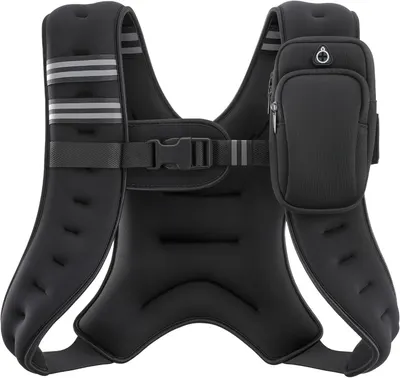 Displays the core product clearly on a white background to show the weighted vest design, reflective stripes for visibility, adjustable chest strap, and attached storage pouch for carrying…