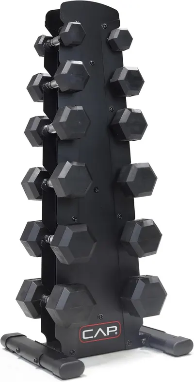 Displays the core product, a vertical dumbbell rack with multiple pairs of hex dumbbells organized in a space-saving tower design, showing shoppers exactly what they will receive.