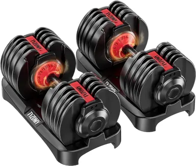 Displays the core product—a pair of adjustable dumbbells with visible weight selection dials—to show shoppers exactly what they are purchasing. Demonstrates the adjustable weight feature through the…
