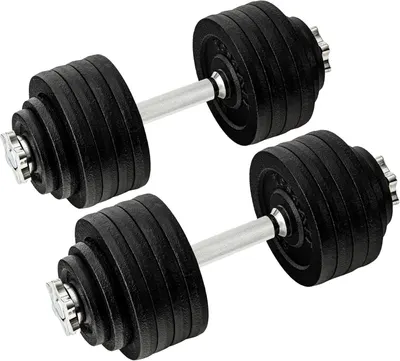 Displays the core product, a pair of adjustable dumbbells with multiple weight plates, clearly showing what the buyer will receive in a clean catalog-style presentation.