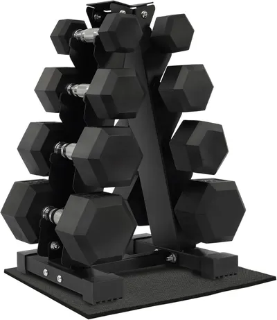 Displays the complete dumbbell set with vertical storage rack to show shoppers exactly what they will receive, emphasizing the organized storage solution and multiple weight options included.…