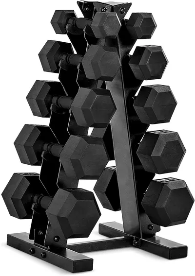 Displays the complete dumbbell set with storage rack to show shoppers exactly what they will receive, emphasizing the organized storage solution and multiple weight options included.