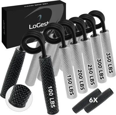 Displays the complete hand grip set with various weight increments (100-350 LBS) to show shoppers the range of resistance levels included in the purchase. Shows the branded retail packaging…