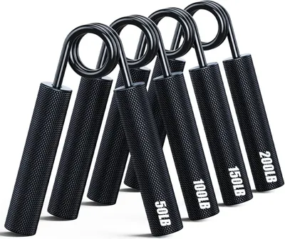 Shows multiple hand grippers with different resistance levels (50LB, 100LB, 150LB, 200LB) to help shoppers select the appropriate strength option for their fitness level. Displays the core product…