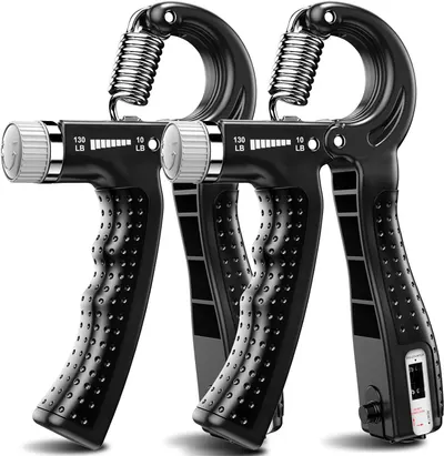 Displays the core product clearly showing two hand grip strengtheners with adjustable resistance dials (130 LB to 10 LB range) and textured non-slip handles, communicating the product's design and…