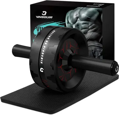 Displays the core ab roller exercise equipment with included knee mat to show shoppers exactly what they will receive and how the product looks. Shows the branded retail packaging with fitness…