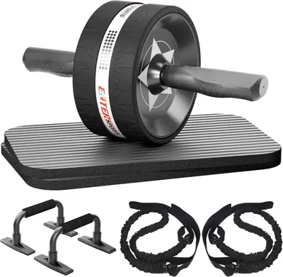 Shows the core ab roller wheel product along with included accessories (knee pad, push-up bars, resistance bands) to communicate the complete workout kit the buyer will receive. Demonstrates that…