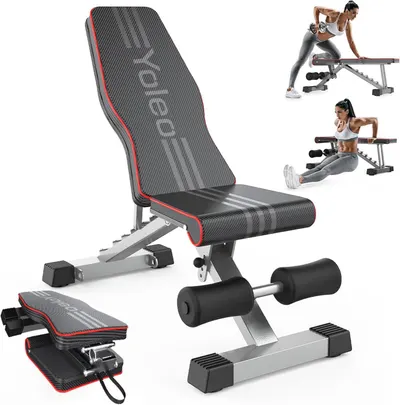 Displays the core product—an adjustable workout bench with leg support—to show shoppers what they will receive, including its design, structure, and key features. Shows a model using the bench in…