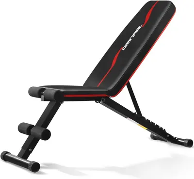Displays the core product, an adjustable fitness bench with black and red styling, clearly showing its structure and design to help shoppers understand what they are purchasing. Uses a subtle drop…