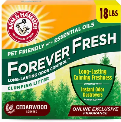 Shows the retail packaging to communicate the product size (18 lbs), scent (Cedarwood), and key features (pet-friendly, essential oils, long-lasting odor control) to help shoppers understand what…
