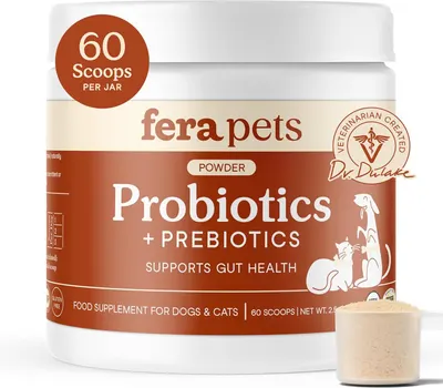 Shows the core product—a veterinarian-created probiotic powder for dogs and cats—clearly displaying the jar and a scoop of powder to communicate what the shopper will receive. Highlights key selling…