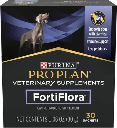 Shows the retail packaging to help shoppers identify the product on shelf or upon delivery, and communicates key benefits like diarrhea support, immune support, and live probiotics.