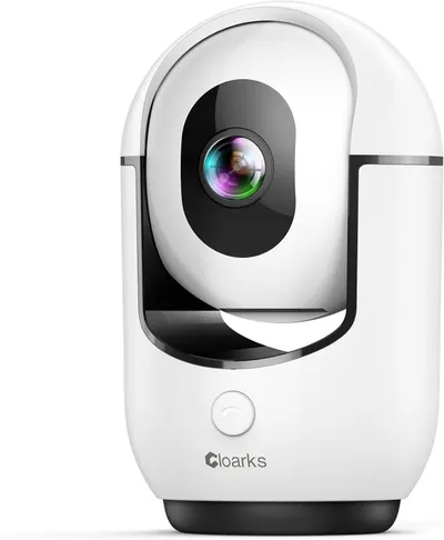 Displays the core product, a white pan-tilt security camera with a prominent lens, to show shoppers exactly what they will receive.