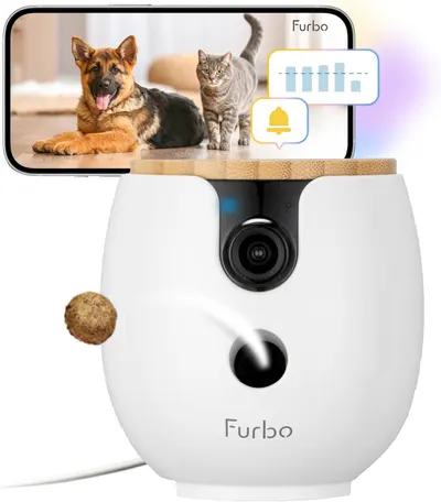 Shows the core Furbo pet camera product with its integrated camera, treat dispenser, and smartphone connectivity to communicate its primary function as an interactive pet monitoring and…