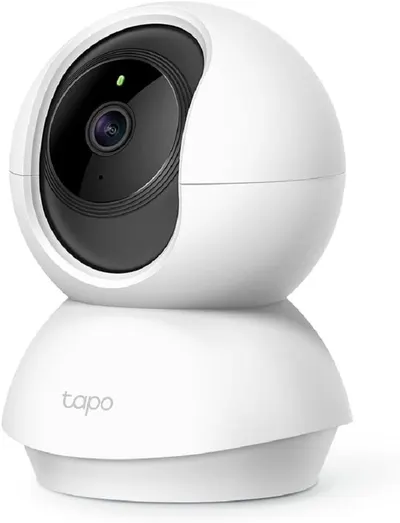Displays the core product, a white pan-tilt security camera with visible lens and branding, in a clean catalog-style presentation to show shoppers exactly what they will receive. Uses a subtle…