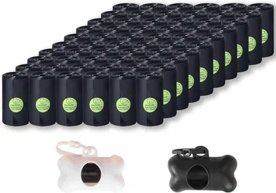 Shows the complete product offering including a large quantity of black waste bag rolls with green caution labels and two bone-shaped dispensers in different colors, communicating value and…
