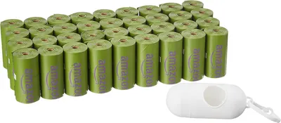 Shows the core product—a large quantity of branded green dog waste bag rolls with an included white dispenser—to communicate value and convenience for pet owners. Highlights that a white bone-shaped…