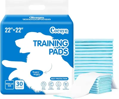 Shows the core product (training pads) alongside its retail packaging to communicate what the buyer will receive, including the 30-count quantity and 22x22 inch size. Displays the retail packaging…