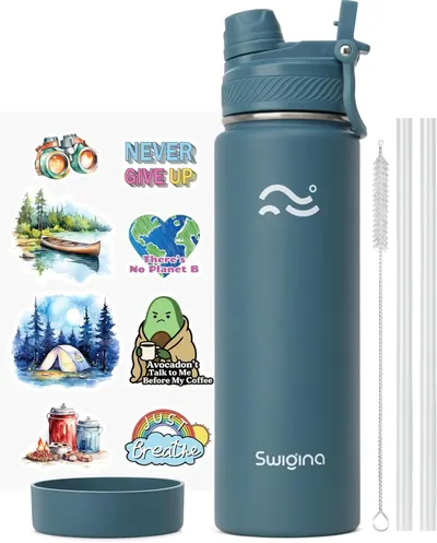 Displays the core product, a branded insulated water bottle with straw lid, along with included accessories like a cleaning brush, straws, and decorative stickers to show what the buyer receives.…