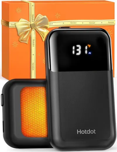Shows the core portable heater product with its digital temperature display and glowing heating element to communicate its functionality and modern design. Displays the premium gift packaging with…
