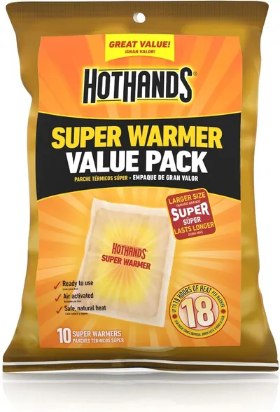 Shows the retail packaging to communicate the product is a value pack containing 10 super warmers, reassuring shoppers about quantity and what they will receive. Displays the core product (hand…