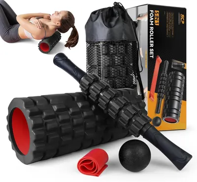Shows the complete foam roller set with all included components to communicate the comprehensive recovery toolkit the shopper will receive. Displays all the included accessories and bonus items that…