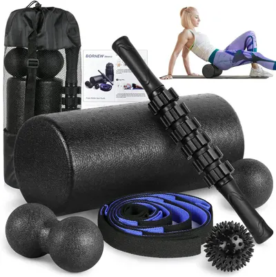 Displays the complete foam roller and massage tool set to show shoppers all the items included in the purchase, emphasizing the comprehensive nature of the fitness recovery kit. Highlights all the…