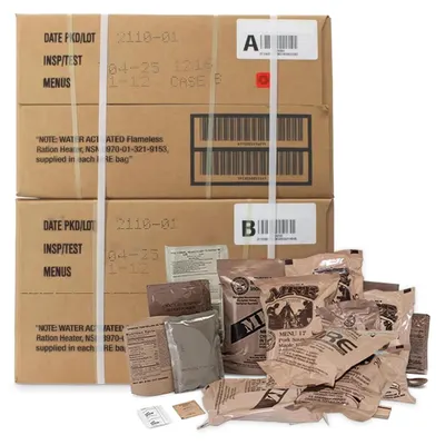 Shows the complete MRE product including both the shipping cases and individual meal pouches to communicate what the buyer receives and the quantity included. Displays the official military-style…