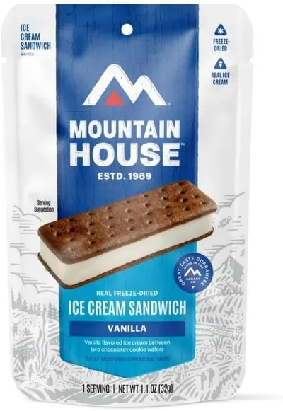 Displays the core sellable product—a freeze-dried vanilla ice cream sandwich in its retail packaging—so shoppers can clearly see what they are purchasing. Shows the physical retail pouch packaging…