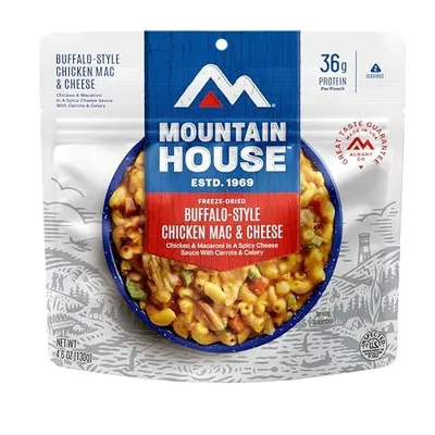 Displays the packaged freeze-dried meal product clearly, showing the food contents through the package window to communicate what the buyer receives and the meal's appetizing appearance. Shows the…