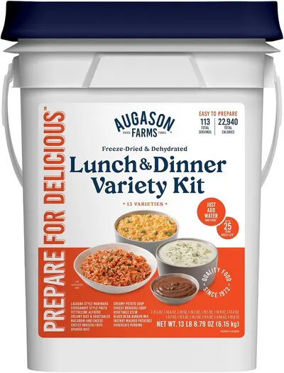 Shows the physical retail packaging (bucket with lid) that the buyer will receive, communicating the product's storage format and emergency preparedness positioning. Displays the core sellable…