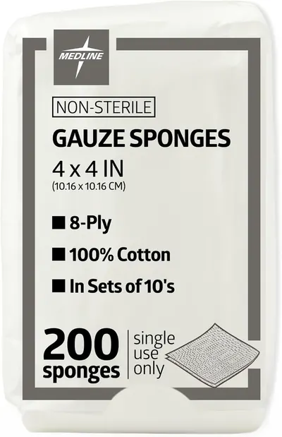Shows the retail packaging with clear product specifications to help shoppers understand exactly what they are purchasing: non-sterile gauze sponges, size, material composition, and quantity included.