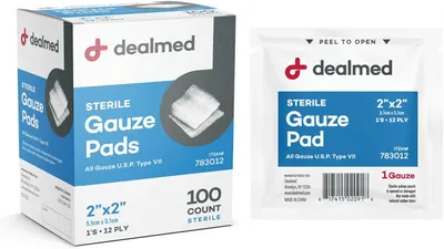 Shows the core product packaging and individual gauze pad to communicate what the buyer receives: sterile medical gauze pads in a 100-count box. Displays both the outer retail box and the individual…