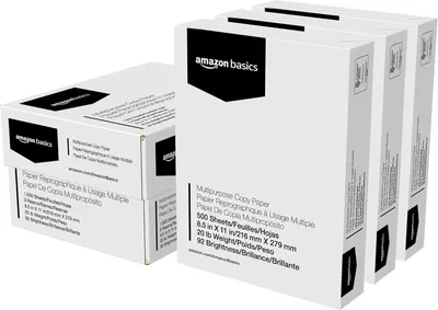 Shows the core sellable product, which is a multi-pack of Amazon Basics multipurpose copy paper reams, clearly displaying the packaging and product specifications to help shoppers understand what…