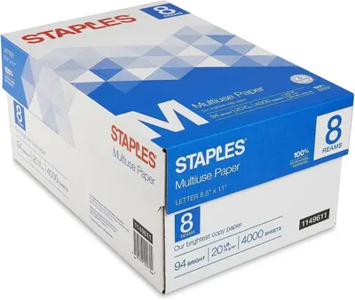 Shows the core product packaging to communicate what the buyer will receive: a bulk case of Staples multiuse paper containing 8 reams and 4000 sheets total. Displays the retail packaging with key…
