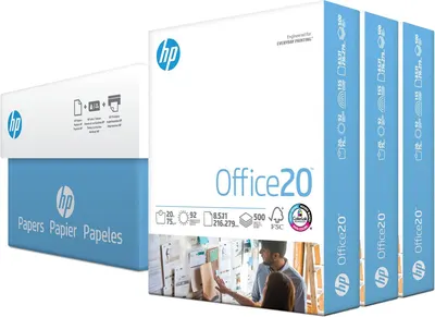 Shows the physical retail packaging the buyer will receive, including the HP Office20 branded box and individual paper ream boxes, to communicate product authenticity and professional presentation.…