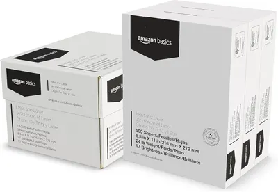 Shows the core product packaging for Amazon Basics inkjet and laser printer paper in both single-ream and multi-ream configurations, communicating the available purchase options and product…