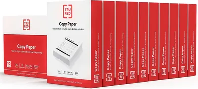 Shows the TRU RED copy paper product in both individual box and multi-pack format to communicate the bulk purchase option and product specifications for high-volume printing needs. Displays the…