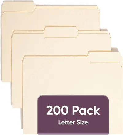 Shows the core product clearly—a set of manila file folders in letter size—to help shoppers understand exactly what they are purchasing. Displays the pack quantity (200 Pack) and size (Letter Size)…